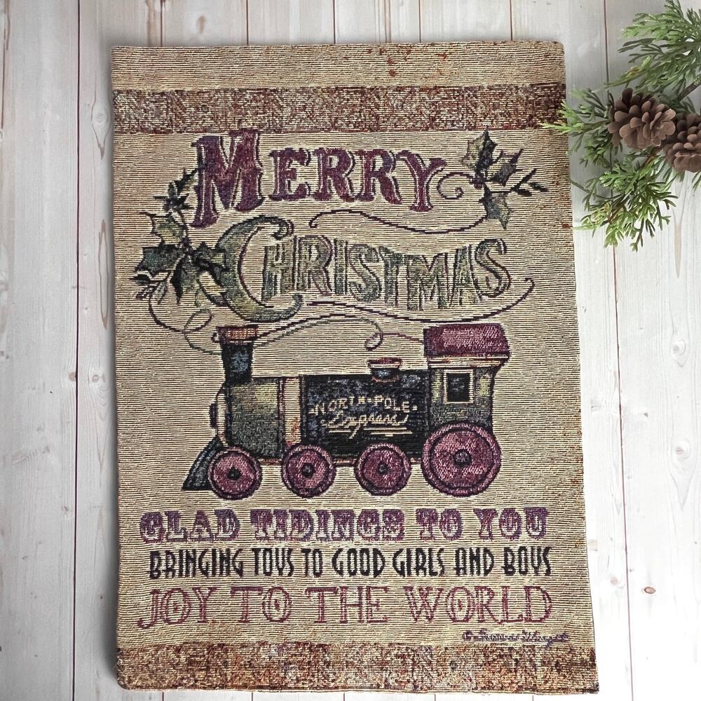 VTG Christmas Train Woven Tapestry Small Banner Manual Woodworkers & Weavers USA